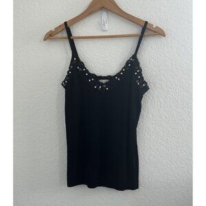 Yuka Tank Top Womens T2/S/M? Black Beaded Sequin Lace Trim Cami Y2K Festival